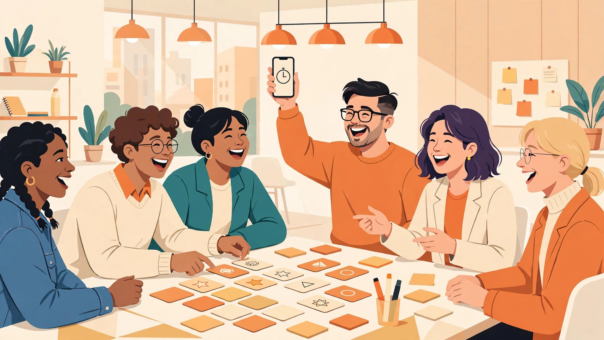 Diverse group of adults laughing while playing an icebreaker card game in a training room